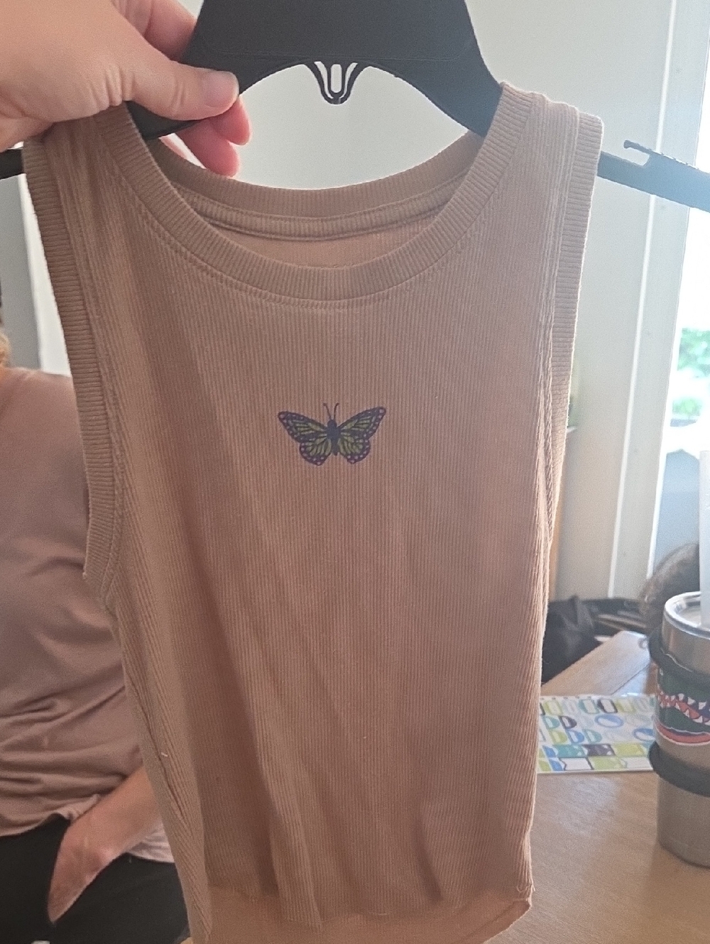 American Eagle Outfitters Beige Ribbed Tank with Purple Butterfly